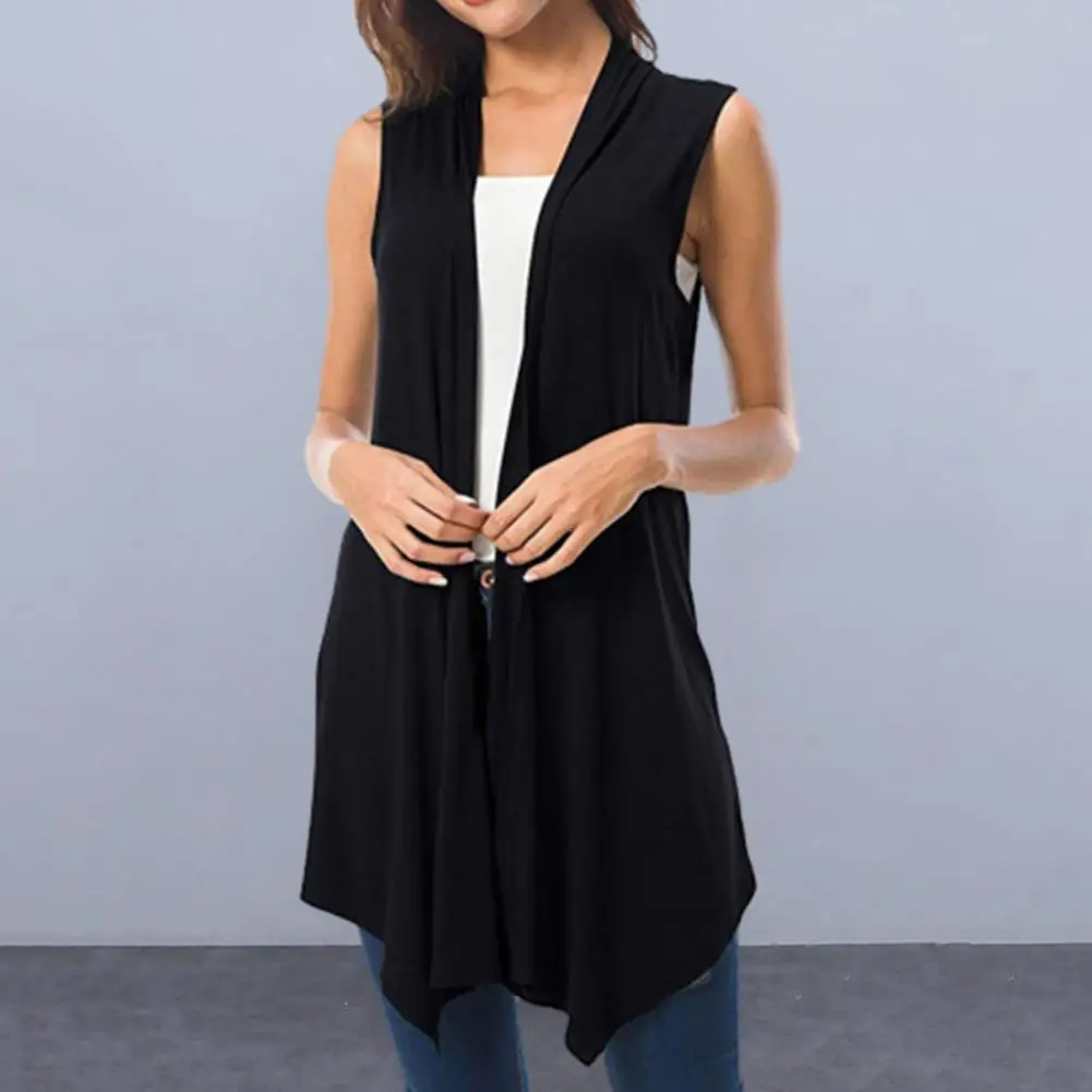 

Women Sleeveless Cardigan Vest Mid-length Asymmetric Hem Waistcoat Solid Color Open Front Draped Summer Vest Coat