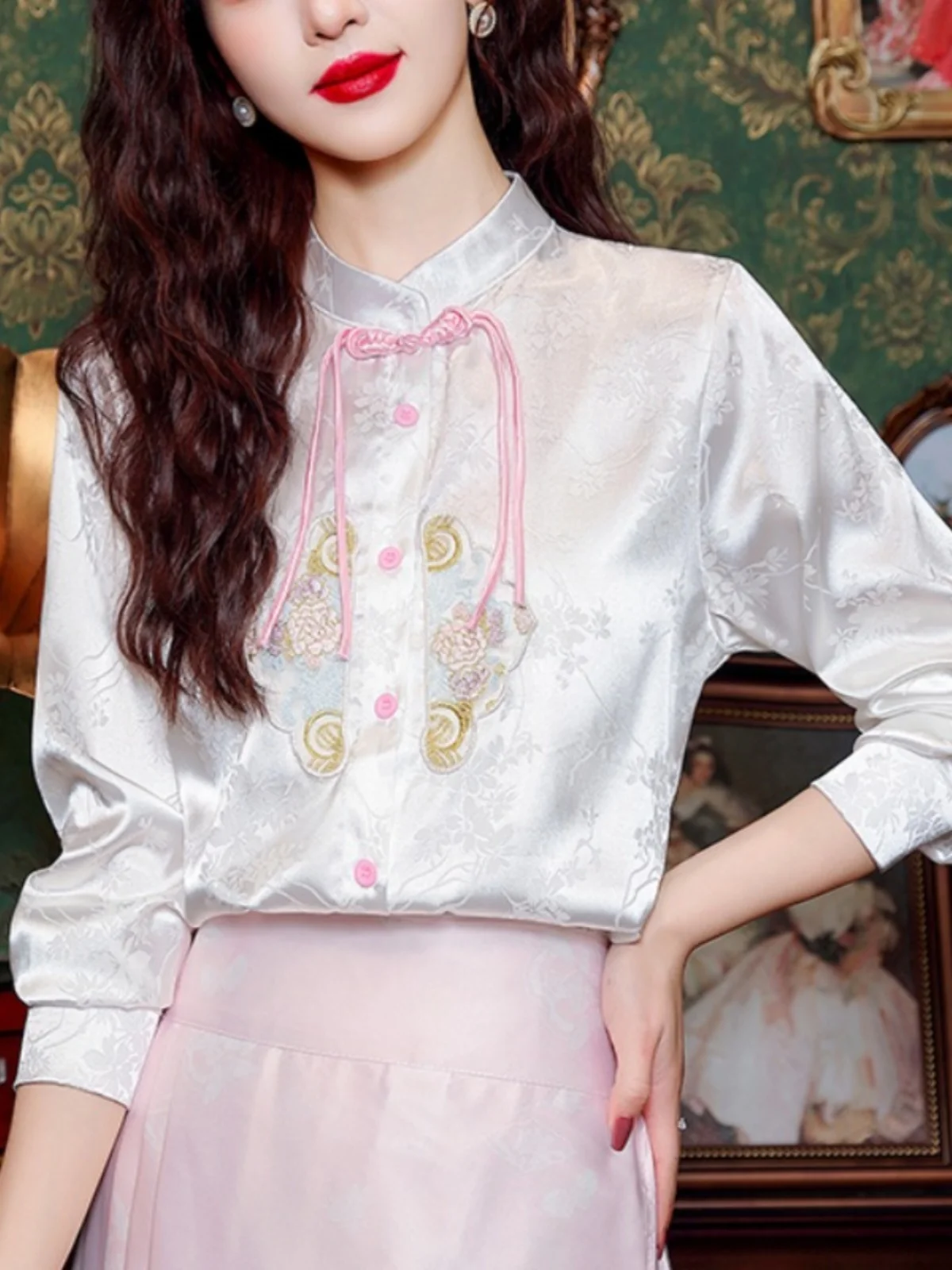 Новая белая рубашка с длинными рукавами и китайской вышивкой женская одежда