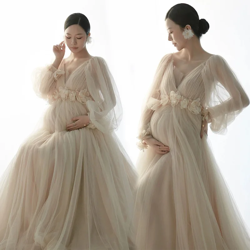 Photography Props Champagne Tulle V-neck Floral Elegant Maternity Dresses for Session Luxury Pregnancy Dress Studio Shooting