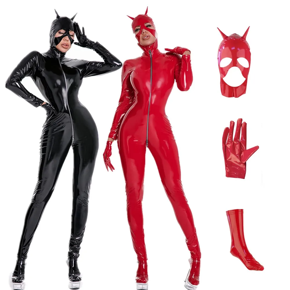 

Women Black Red Sexy Shiny Patent Leather PU Zipper Open Crotch Jumpsuit Nightclub Wet Look Bodysuit Clubwear Plus Size S-5XL