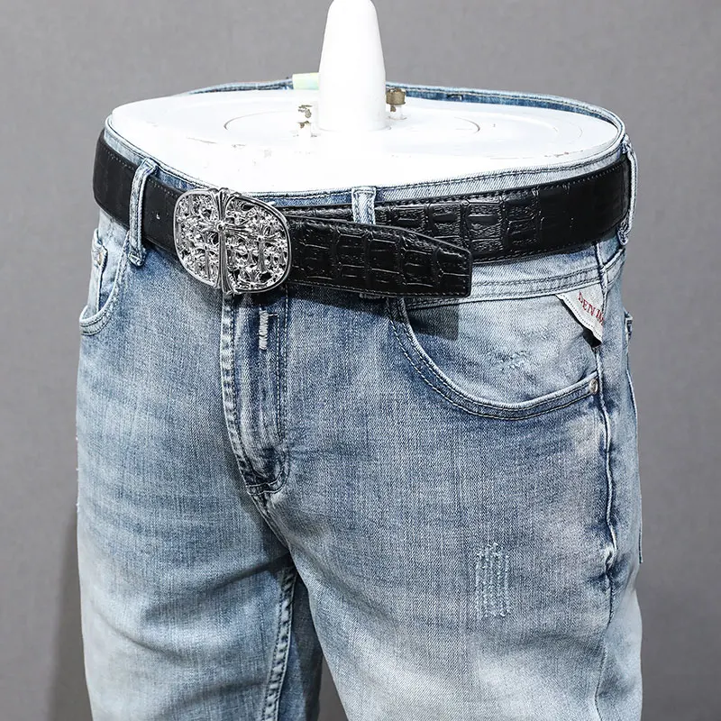 Fashion Designer Men Jeans Retro Light Blue Elastic Stretch Slim Fit Ripped Jeans Men Casual Trousers Vintage Denim Pants Hombre