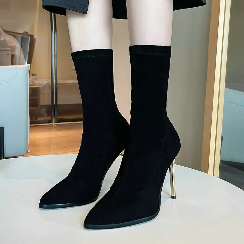 

Fake Suede Pointed Toe Sexy Show Socks Booties Plus Size 45 46 Western Women Winter Stretch Mid-calf High Heels Stiletto Boots