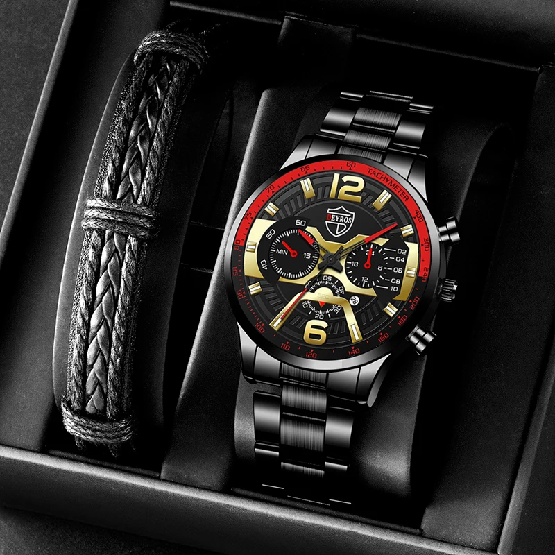 

Fashion Men Business Casual Date Watches Male Stainless Steel Analog Quartz Wristwatch Man Calendar Watch Black Leather Bracelet