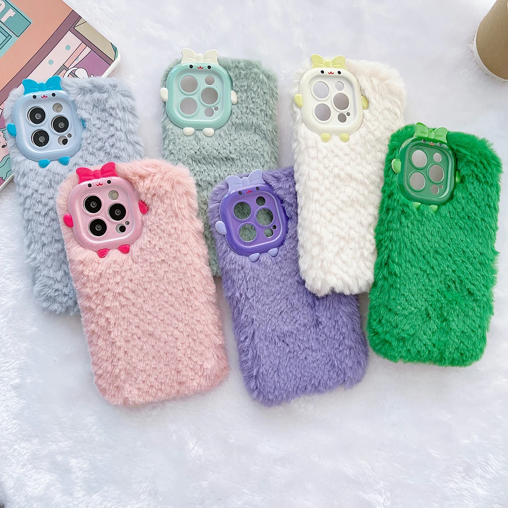 

Winner Warm Soft Plush Case For iPhone 11 12 13 14 Pro Max Plus Cute 3D Cartoon Monsters Bunny Furry Fur Back Cover Phone Cases