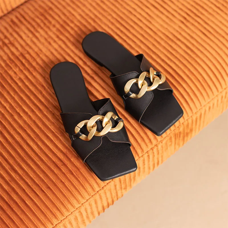 Women Slippers Genuine Leather New 2023 Summer Ladies Square Open Toe Flat Shoe Metal Decoration Sexy Beach Shoes