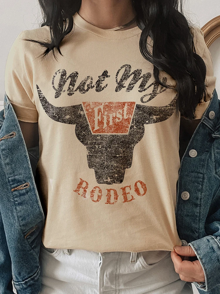 Not My First Rodeo Steer Skull Bull Head Print T-shirt Vintage Cute Graphic Summer Female Fashion Casual Short Sleeve