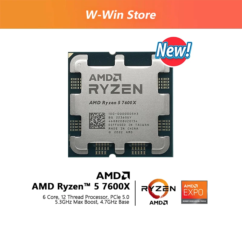 

NEW AMD Ryzen 5 7600X R5 7600X 4.7 GHz 6-Core 12-Thread CPU Processor 5NM L3=32M 100-000000593 Socket AM5 New But Without Fan