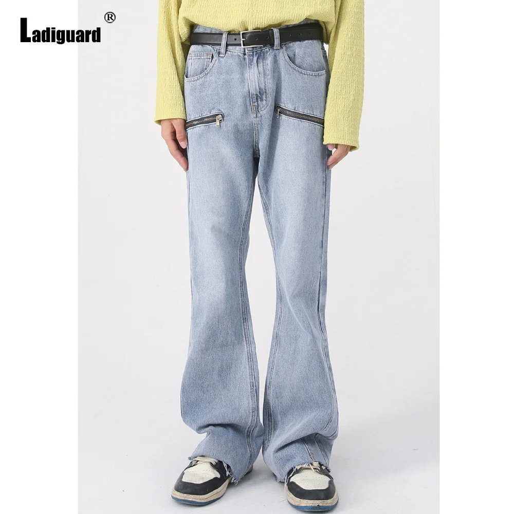 Ladiguard 2023 European Fashion Jeans Demin Pants Mens Vintage Pocket Zipper Trouser Men's Boot Cut Jean Hotpants Men Demin Wear