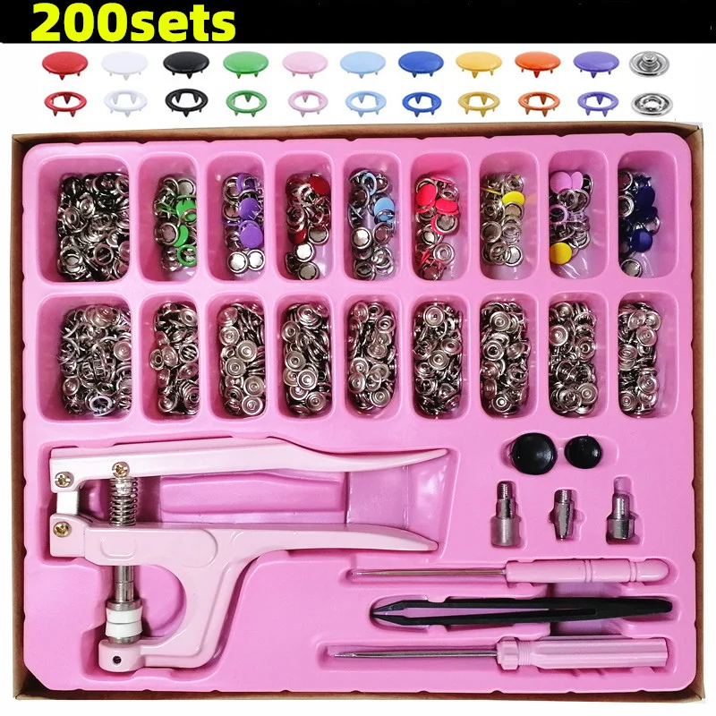 

1pc Plier+1set Eyelets Tool+200sets 10 Colors 9.5mm Prong Snap Buttons Fasteners Press Studs Poppers Buckle+200pcs 5mm Eyelets