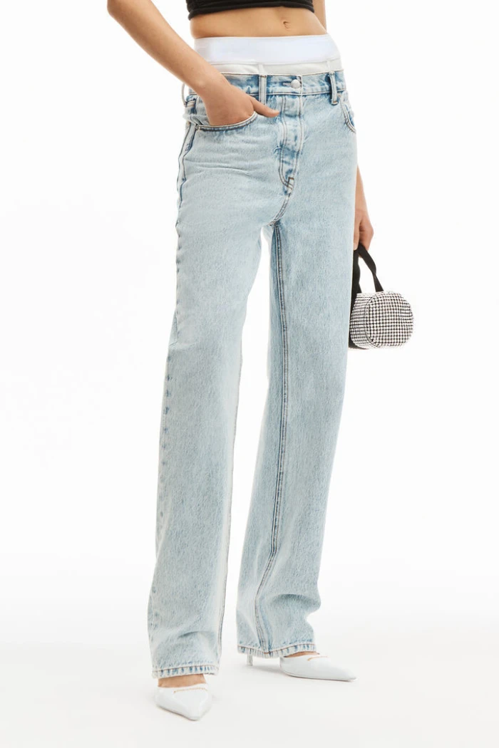 

122096 Women Spring Double Waist Straight Tube Denim Pants Rubber Band Splicing Waist Fake Two-piece Casual Jeans A2