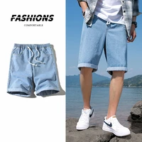2022 summer mens solid denim shorts kpop clothes men jeans pants slim fit light blue elastic waist draw cord jeans male brand