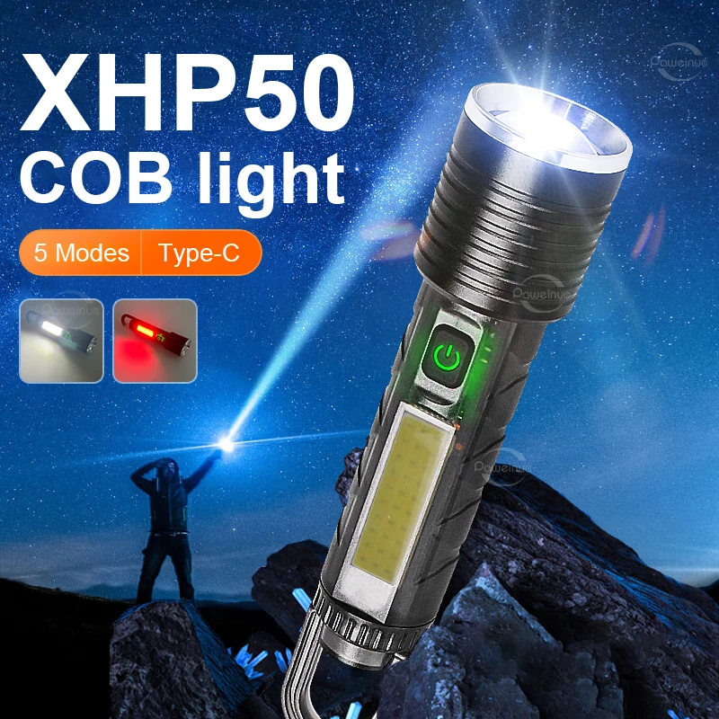 

XHP50 Фонарь Светодиодный перезаряжаемый фонарик с USB-зарядкой COB Телескопический зум Сильный свет Кемпинг Открытый магнитный фонарик