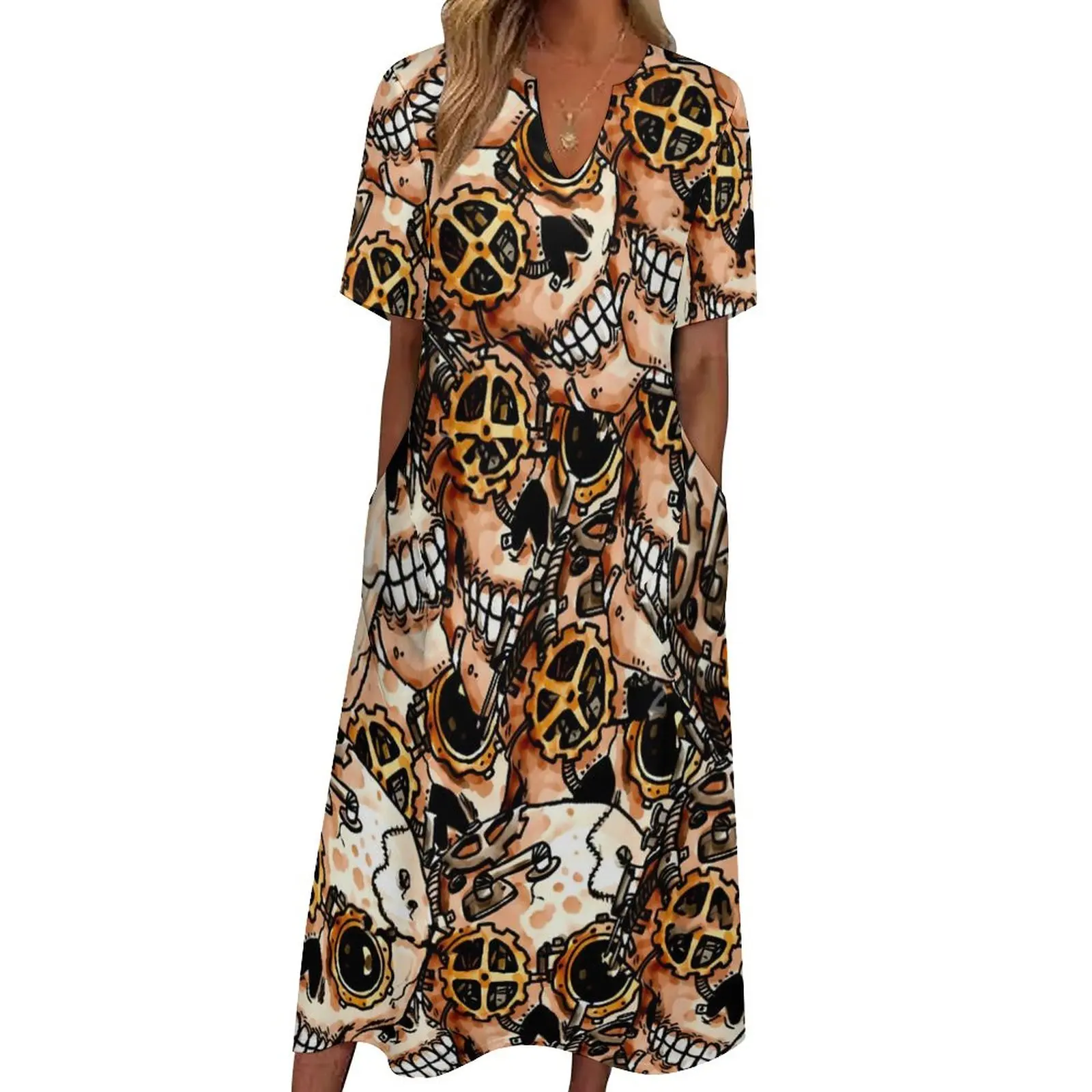 

Funky Steampunk Skull Dress Halloween Print Retro Maxi Dress Street Wear Boho Beach Long Dresses V Neck Graphic Oversize Clothes