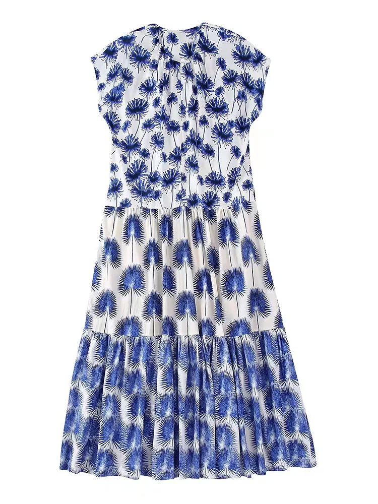 

ZAA Лето 2022 Новинка женское модное винтажное Повседневное платье с круглым вырезом с принтом с прострочкой фланцевым коротким рукавом качес...