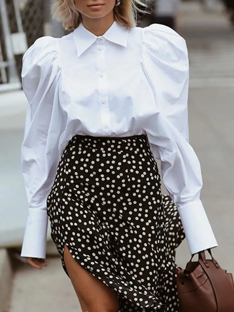 

White Shirts Women Autumn Puff Sleeve Turn Down Collar Blouse Ladies Elegant Fashion Casual Loose Single Breasted Basic Blouses