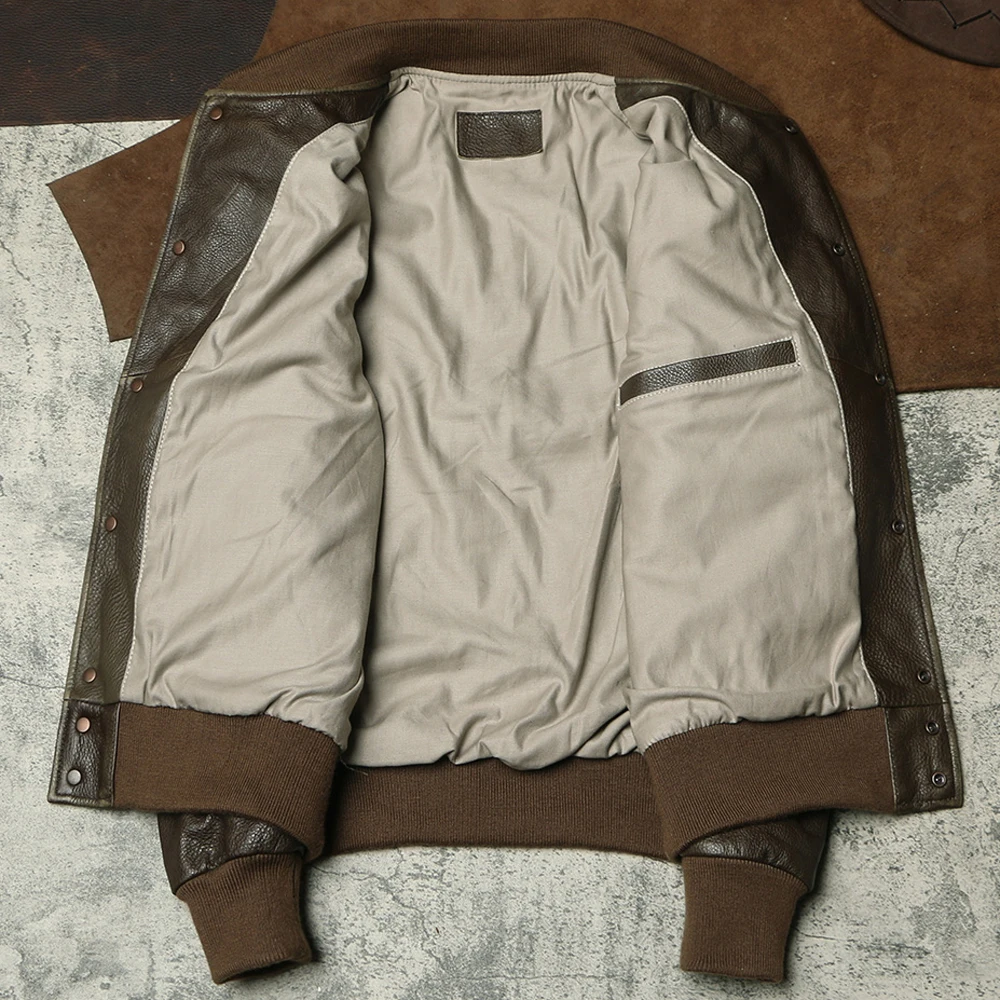 Мужская винтажная куртка в стиле ВВС оливково-зеленого цвета из коровьей кожи