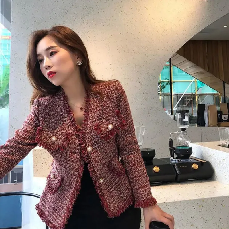 

Ladies Tweed Tassel Fashion Retro V-neck Europe Short Coat Loose Female Cute Thin Autumn Winter TemperamentS Single-breasted