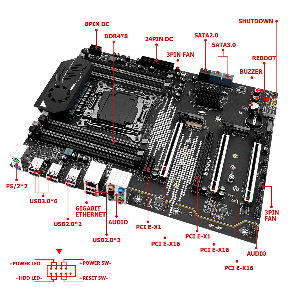 Комплект материнской платы MACHINIST X99 MR9S с процессором Xeon E5 2637 V3, 32 ГБ (2*16 ГБ) DDR4 ECC оперативной памяти, разъемом LGA 2011-3, NVME M.2 SATA и форм-фактором ATX.