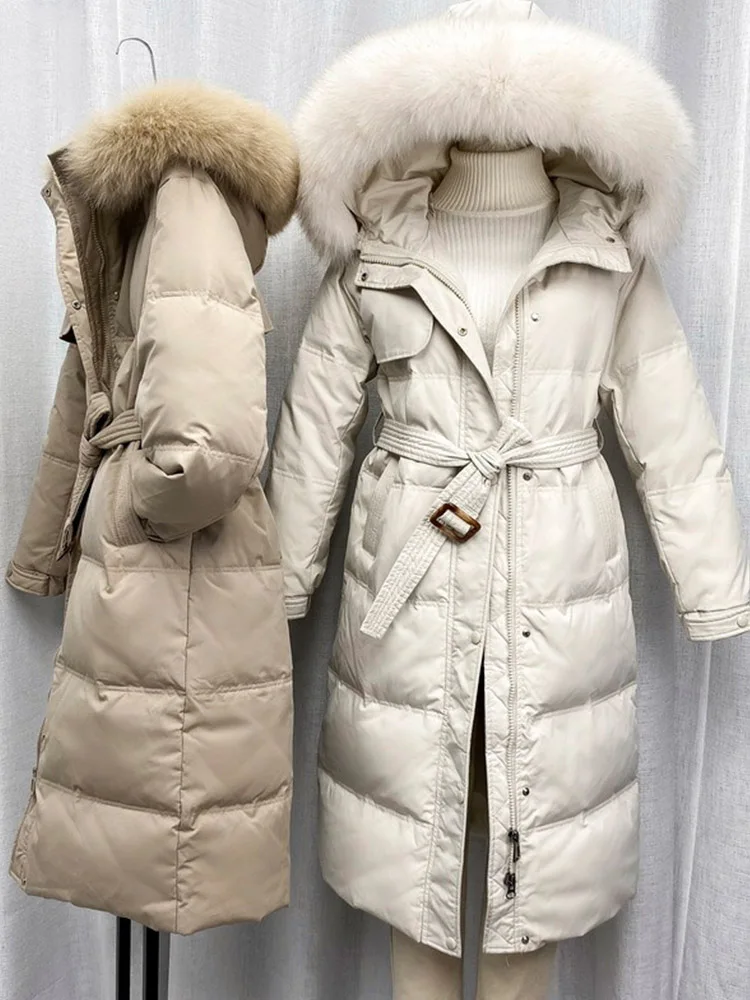 

Fitaylor/зимняя длинная куртка с капюшоном и большим воротником из натурального меха, Женская ветровка, стильная пуховая куртка, пушистая теплая верхняя одежда с поясом