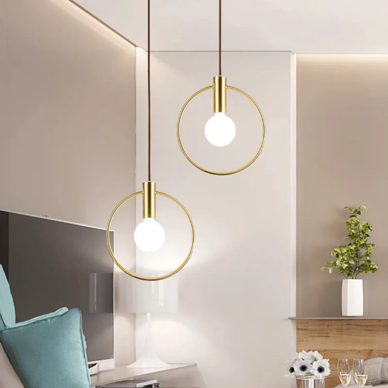 

SANDYHA Nordic Modern Pendant Light Golden Round Ring Hanging Lamp Bedroom Bedside Living Dining Room Lustre Moderno Para Sala
