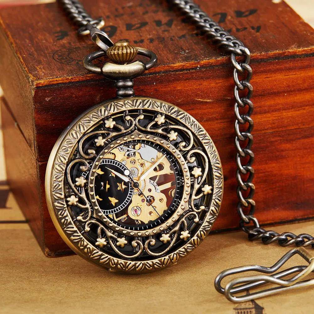 Antique Steampunk Mechanical Pocket Watch Necklace Hollow Skeleton Hand Wind Ancient Carved Fob Watch Pendant Chain Men Women