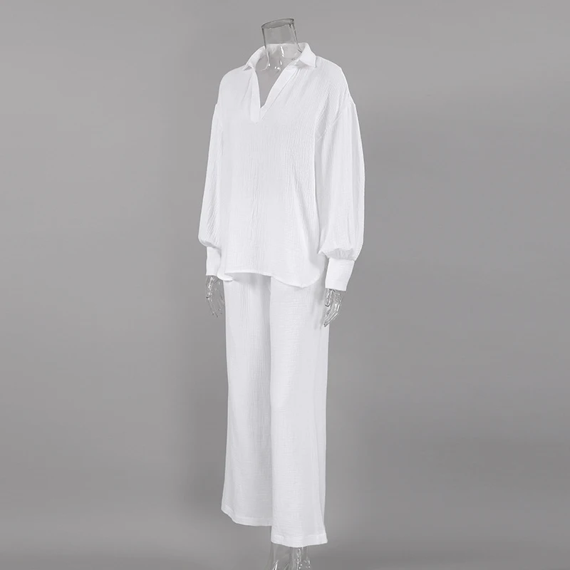 Solid Color Cotton Set Woman 2 Pieces Long Sleeve V Neck Sleepwear Female Loose Trouser Suits Casual Pajamas Sets 2023 Nightwear