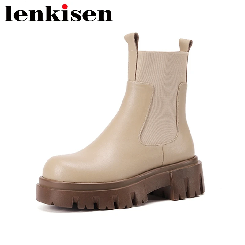 

Lenkisen Superstar Cow Leather High Heels Chelsea Boots Slip on Solid Warm Winter Shoes Platform Concise Chic Brand Ankle Boots