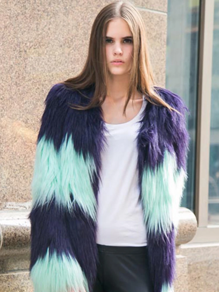 Fashion Patchwork Long Faux Fox Fur Coat Women 2022 Winter Elegant Warm Thick Ladies Outwear High Street Casual Coats