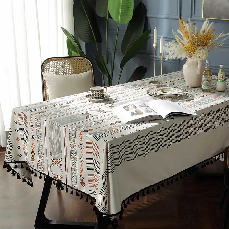 

Geometric Printed Tablecloth Black Fringed Rectangular Tablecloth Home Desk Coffee Table Cover Cotton Wedding Scene Decoration