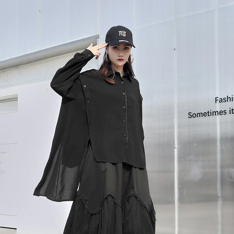 

SuperAen 2022 Women's Fashion Spring Summer New Design Irregular Plus Size Turn Down Collar Solid Shirt
