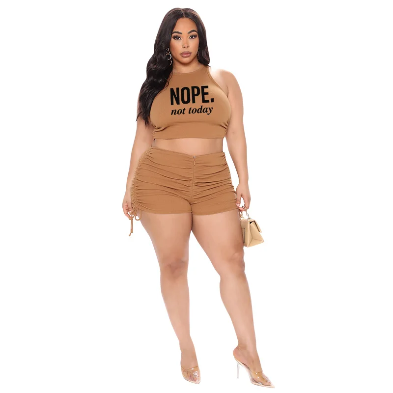 Plus Size S-5xl Printing Summer Women Sport Suit Shirring High Waist Two Pieces Shorts Set Sleeveless Crop Top 3xl 4xl 5xl 6xl