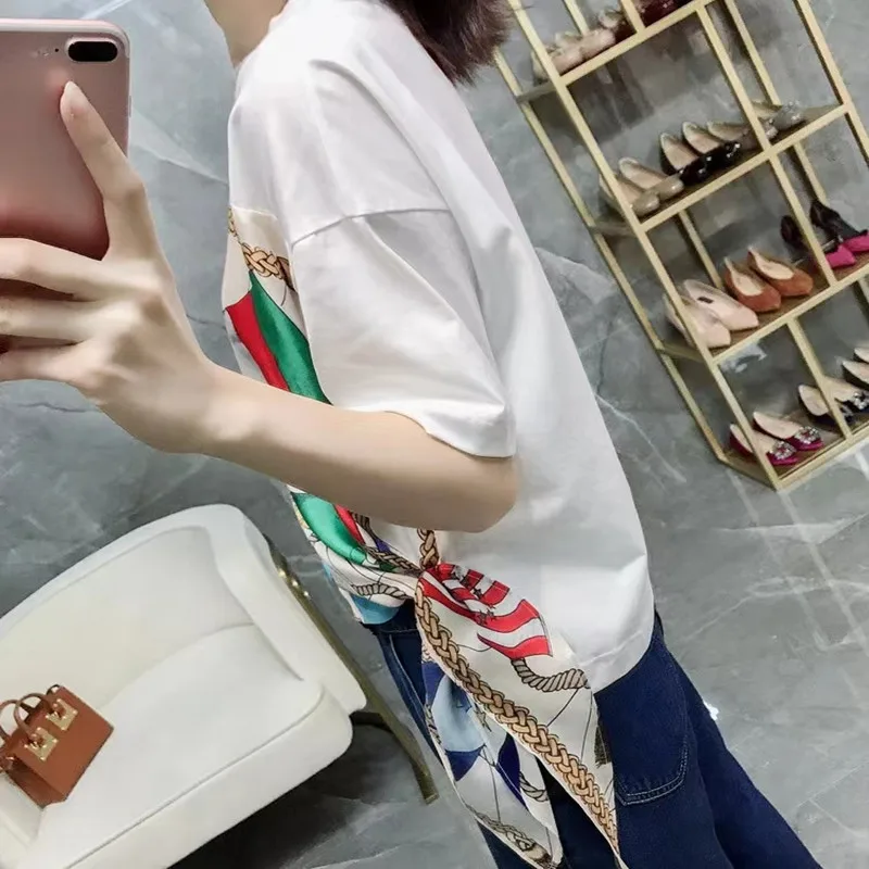 Женская шелковая футболка в западном стиле с коротким рукавом и V-образным