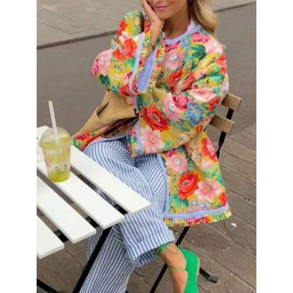 

Женская Толстая теплая хлопковая куртка с широким принтом Songhua, модное контрастное хлопковое пальто с расклешенным рукавом, 2023