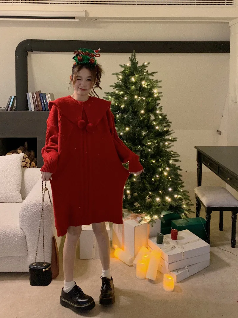 Женская одежда больших размеров платье с кукольным воротником зима Рождество