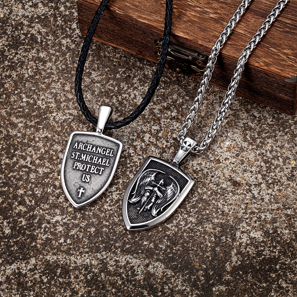 Norse St.michjael Angel Knight Cross Necklaces Men Titanium Steel Double-sided Viking Archangel Pendant Mythology Amulet Jewelry |