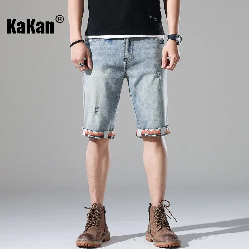 Kakan New Summer Embroidery Perforated Capris Jeans Men's Wear, Baby Blue Shorts Korean  Mid Rise Jeans K19-820