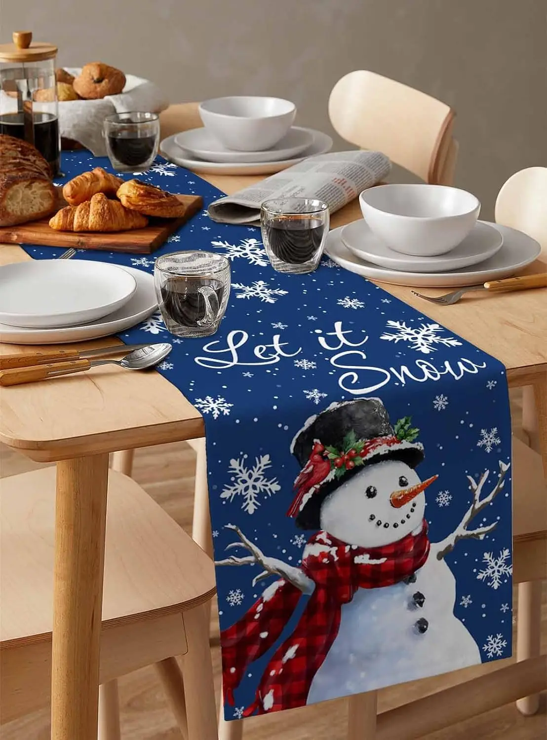 С Рождеством Снеговик Снежинки Ягоды Синий Льняной Скатерть Обеденный Стол