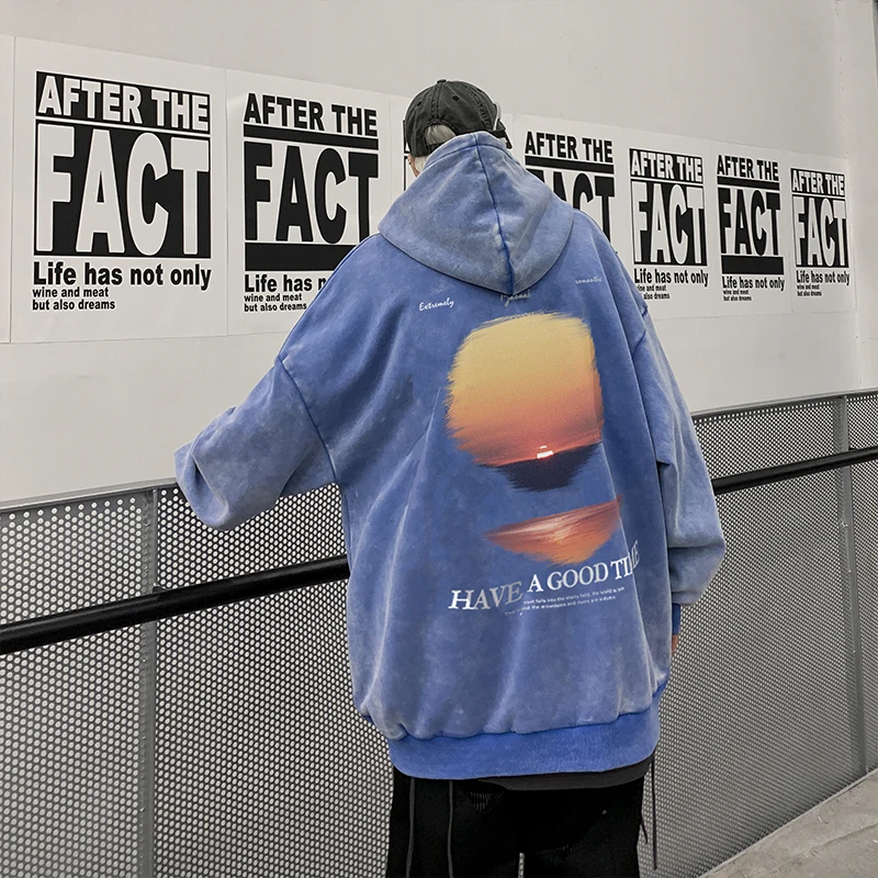 

Priathinker Retro Wash Hooded Sweater Man Sunset Graphic Printed Oversized Korean Fashion Hoodies Men Tops Harajuku Street Coat