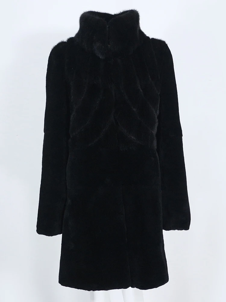 

OFTBUY 2023 Winter Jacket Women Long Real Fur Coat Natural Rex Rabbit Mink Fur Outerwear Black Warm Stand Collar Streetwear New