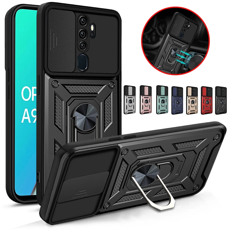 

For OPPO A5 A9 2020 Case Armor Magnetic Ring Holder Phone Case For OPPO A12 A3S A5S A7 2018 Slide Camera Lens Protect Back Cover