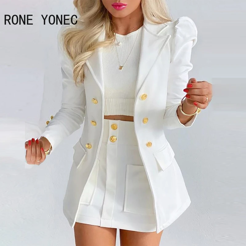 Женский элегантный пиджак на пуговицах с пышными рукавами и дизайнерская юбка