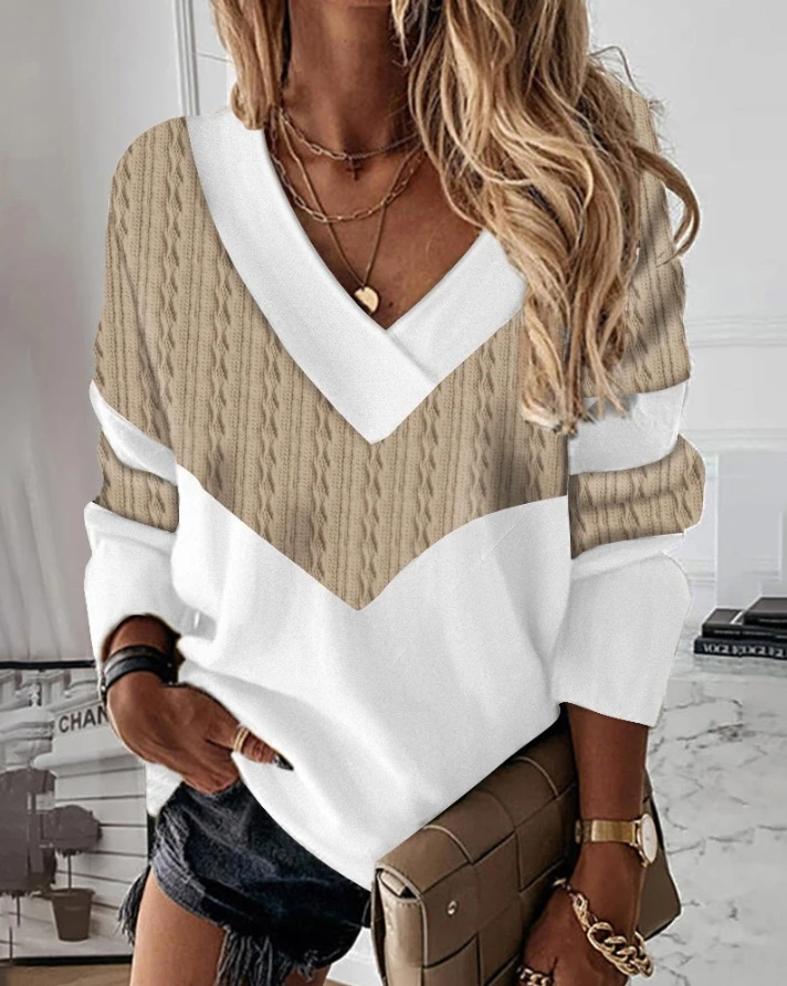 

Colorblock Patchwork Long Sleeve Top for Women V-neck Casual Tee Pullovers Girls