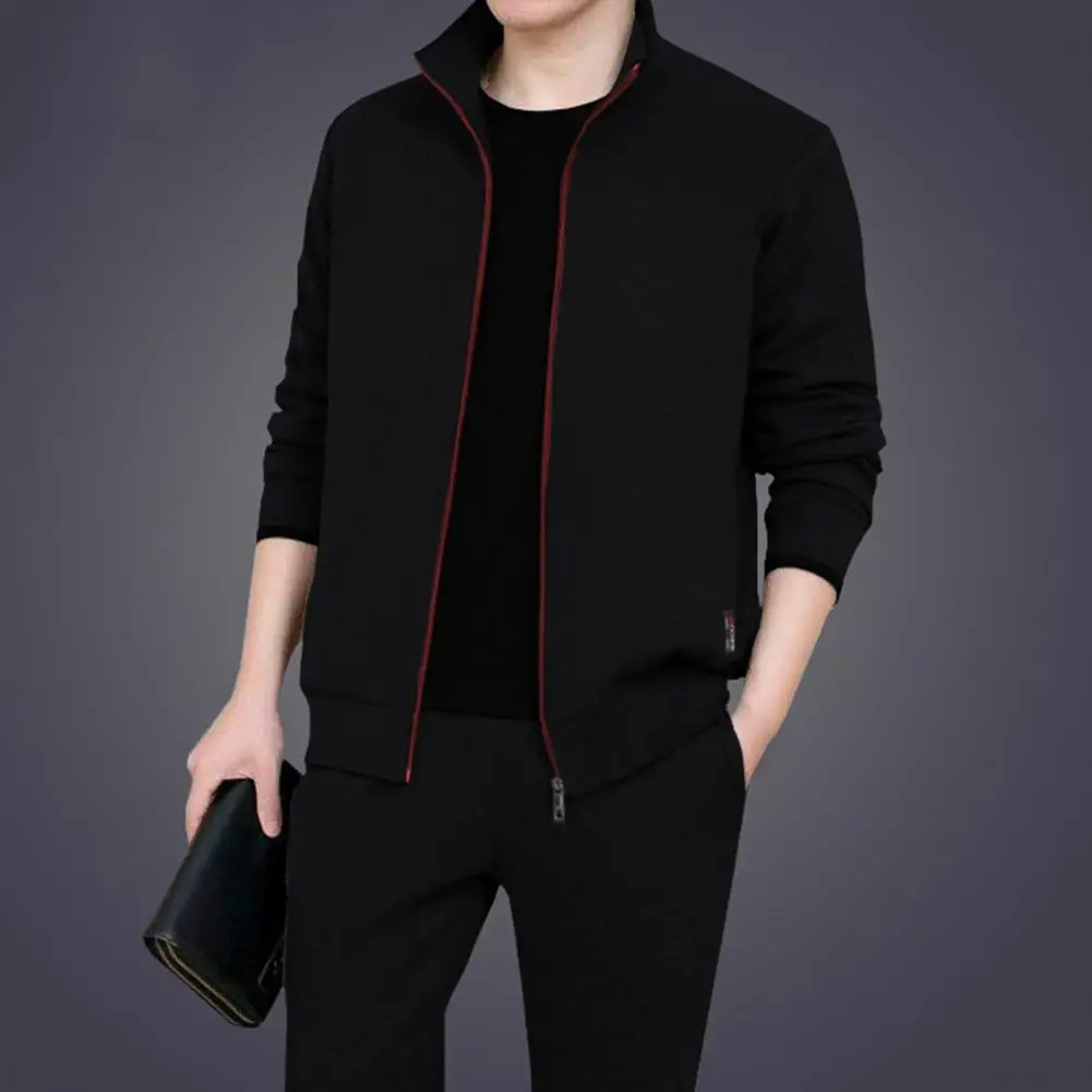 

Hot！Mens Casual Tracksuits Sportswear Solid Color Zipper Autumn Winter Ribbed Cuff Coat Drawstring Pants for Daily Wear