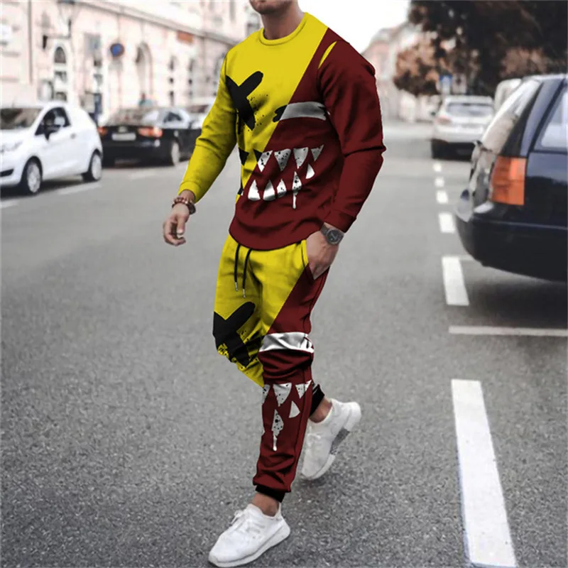 Pants Suit Men's Spring And Autumn Long Sleeve T-shirt 2-Piece Fashion Casual Tracksuit Color Printed Street Jogger Clothing