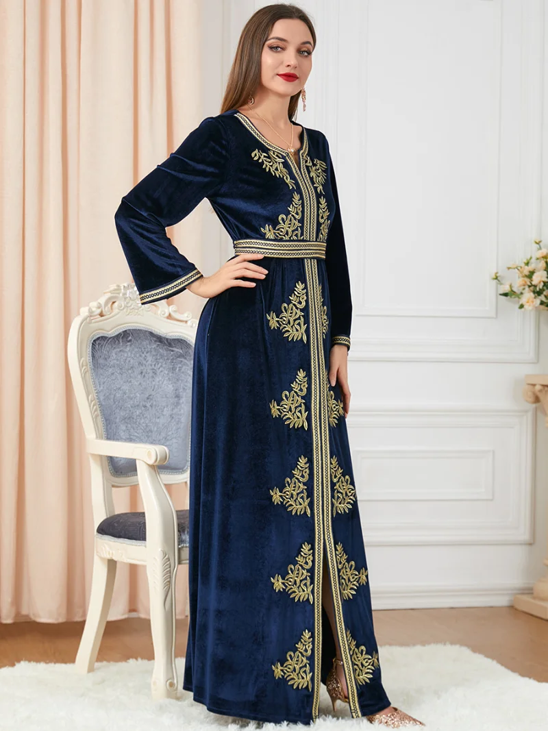 Dresses For Women 2022 Autumn Winter Velvet Embroidery Long Sleeve Dress Belted Kaftan Split Hem Abaya Muslim Dubai Gowns