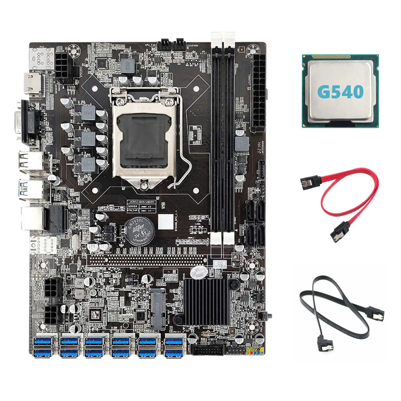 B75 BTC Mining Motherboard+G540 CPU+2xSATA Cable 12 PCIE to USB3.0 Adapter LGA1155 DDR3 B75 USB ETH Miner Motherboard