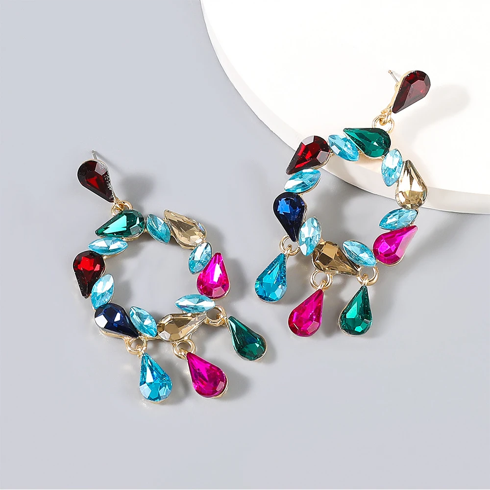 Серьги в форме капли воды геометрической формы фуксии искусственные кристаллы