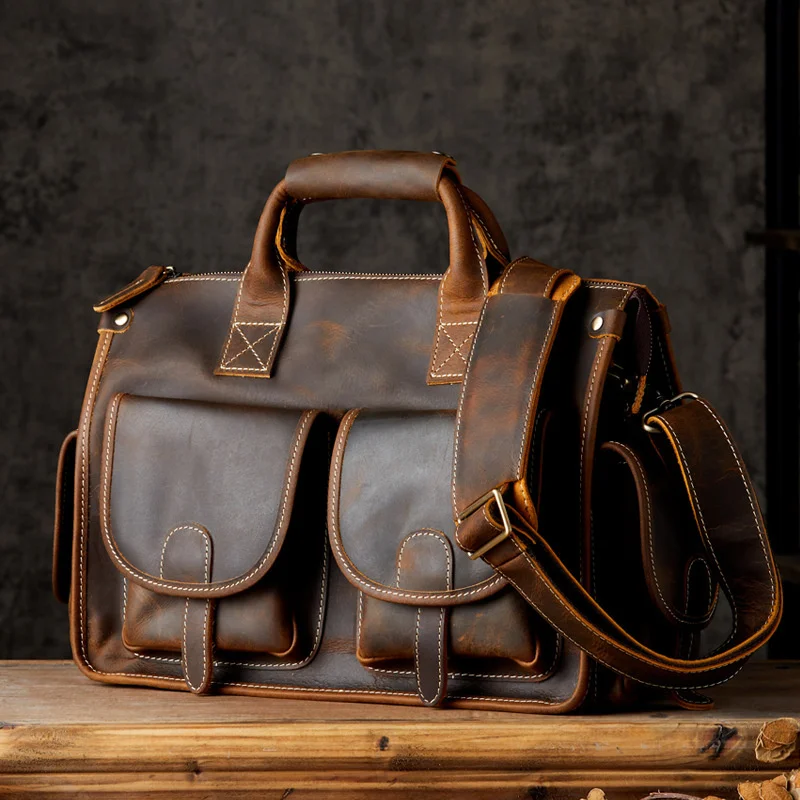 

Luxury Men's Leather Handbags Business Briefcase For Men Male 100% Genuine Leather Commuter Bag Thick Cowskin Men Handbag 13.6"