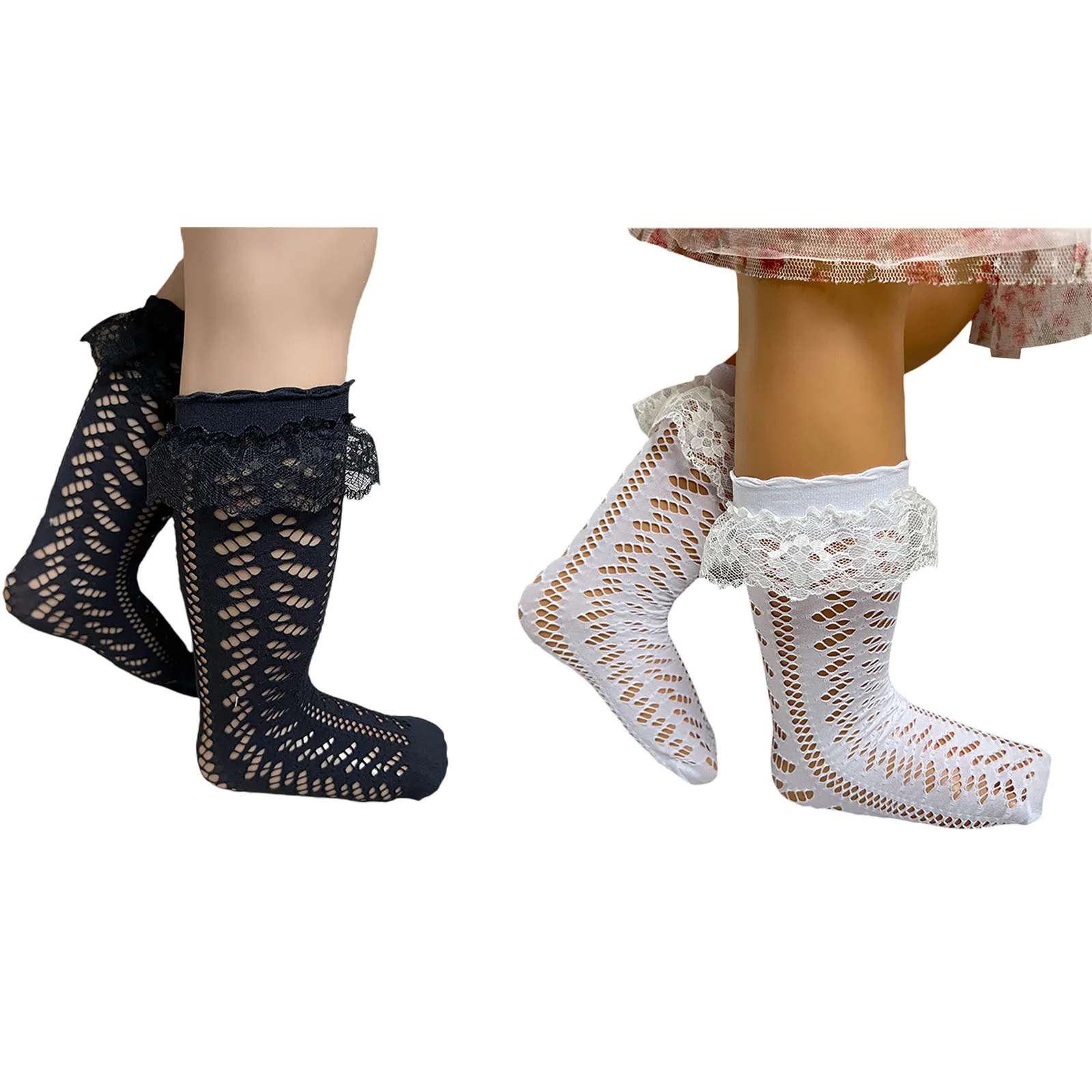 

Baby Girls Summer Stockings, Solid Color Lace Hem Cotton Socks with Breathable Mesh and Elastic Cuffs, Black/ White