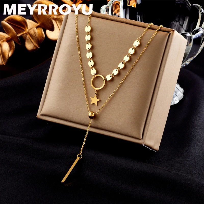 

MEYRROYU 316L Stainless Steel Star Minimalist Bamboo Double Layer Choker Necklace For Women Party Gift Bijoux Acier Inoxidable